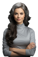 Beautiful Female Standing without Emotions with Crossed Hands Over All in Grey Color. A Fictitious Character Created By . png