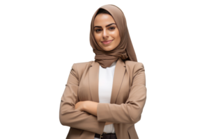 närbild bild av självsäker arab ung kvinna i brun hijab och jacka. . png