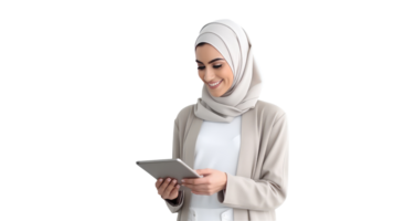 Smiling Young Arab Woman Using a Tablet in Standing Pose. . png