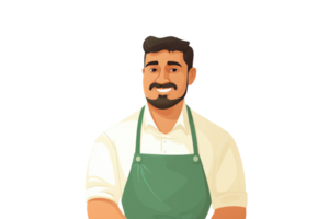 Charming Cheerful Cheery Young Man Wearing Uniform as Shirt with Apron. A Fictitious Character Created By . png