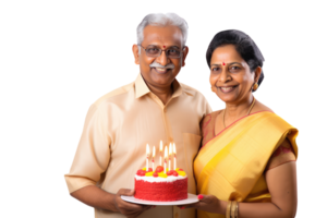 Happy Middle Age Indian Couple Standing to Close and Holding Cake with Burning Candles. A Fictitious Character Created By . png