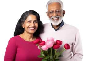 Happy Middle Age Indian Couple Stands to Close with Roses in Modern Attire. A Fictitious Character Created By . png