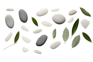 Top view of gray pebble stone with green leaves flat lay on background for spa. png