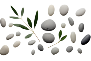 Top view of gray pebble stone with green leaves flat lay on background for spa. png