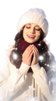 Young Woman Enjoys Snowfall at Winter Vacation, Smiling and Posing for Photo . png
