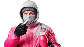 Dissatisfied Man Wearing Red Hooded Jacket with Spray Bottle on Background. png