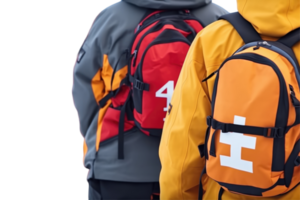 Back Side of Rescuer Wear Orange Jacket and First Aid Bag on Background. png