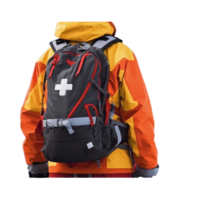 Back Side of Rescuer Wear Orange Jacket and First Aid Bag on Background. png