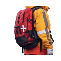 Back Side of Rescuer Wear Orange Jacket and First Aid Bag on Background. png