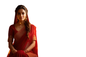 Beautiful Indian Woman Photo in Red Saree on Background. png