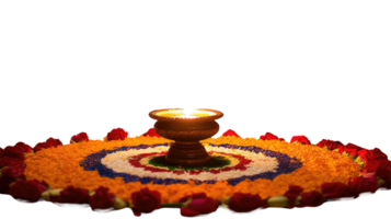 Happy Diwali Celebration - Beautiful Flower Rangoli Decorated with Illuminated Diya on Surface. png