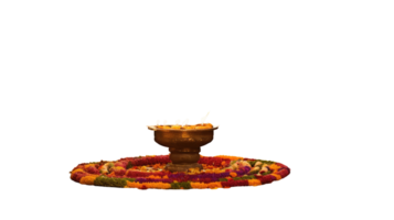 Happy Diwali Celebration - Beautiful Flower Rangoli Decorated with Illuminated Diya png