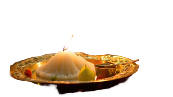 Realistic Golden Worship Plate Filled with Illuminated Oil Lam and Foods for Happy Diwali or Chhath Puja. png