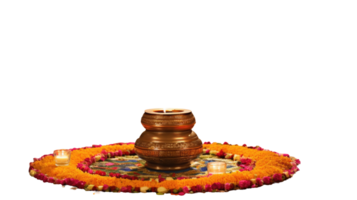 Happy Diwali Celebration - Beautiful Flower Rangoli Decorated with Illuminated Diya on Surface. png