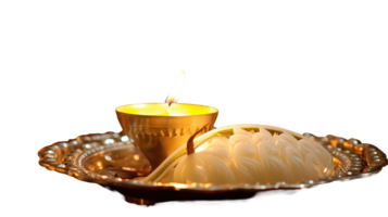 Realistic Golden Worship Plate Filled with Illuminated Oil Lamp and Foods for Happy Diwali or Chhath Puja. png