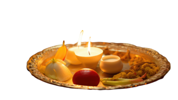 Realistic Golden Worship Plate Filled with Illuminated Oil Lamp for Happy Diwali or Chhath Puja. png