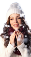Young Woman Enjoys Snowfall at Winter Vacation, Smiling and Posing for Photo . png