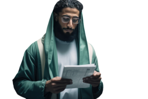Portrait of Arab Man Reading Paper in Green Robe. Created Character By . png