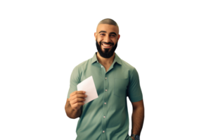 Happy Portrait of a Beard Man Wearing Green Shirt and Holding Letter. Created Character By . png