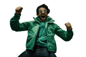 Low ANgle View of Excitement Man Tied Fist Hands in Green jacket and Sunglasses. Created Character By . png
