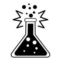 A simple black and white illustration of a laboratory flask with bubbles and lines indicating and explosive reaction. vector