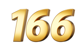 3d number 166 one hundred sixty six Gold text with reflection 3d illustration png