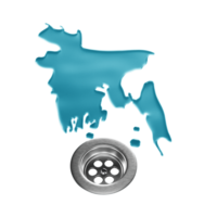 Water shaped of Bangladesh Map on a stainless steel surface draining into a drain 3d illustration png