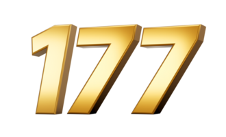 3d number 177 one hundred seventy seven Gold text with reflection 3d illustration png