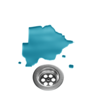 Water shaped of Botswana Map on a stainless steel surface draining into a drain 3d illustration png