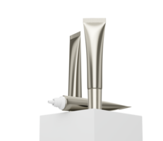 3d Silver Cosmetic Cream Tubes Mock Up Standing On Product Podium 3d Illustration png
