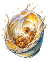 Bowl of Cereal with Milk Splashes in Motion png