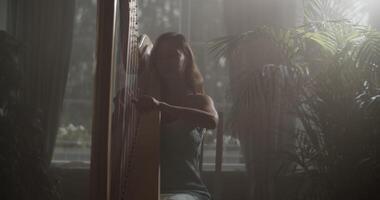 Graceful female harp player performing music in studio with obscure light video
