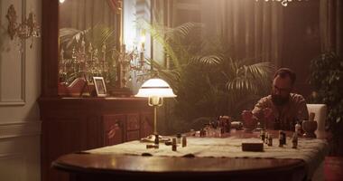 Perfumer in glasses mixing oils while creating handmade perfume video