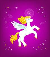 White unicorn with wings, jumping in mauve sky vector