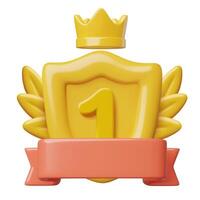 Golden game rank badge 3d icon with number 1 on a shield royal crown laurel wreath and ribbon banner vector