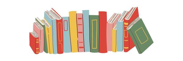 Big colorful book collection. Set of different stacks and piles of books, open and closed books. Educational theme, scientific and fiction literature. illustration isolated on white background vector