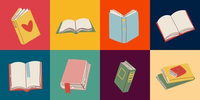 Pattern Set of different stacks and piles of books, open and closed books. Educational theme, scientific and fiction literature. illustration isolated on white background vector