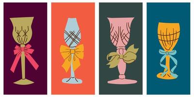 Decorative elegant faceted glasses on legs with ribbons and bows. Set of festive glasses for alcoholic cocktails of different forms. New Year's stickers of the holiday and fun. Container for drink . vector