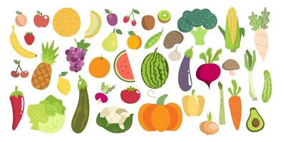 Fruits and vegetables collection. Illustration in flat style. Cute colorful illustration template with different types of fruits and vegetables ,vitamins vegan food ,health diet . vector