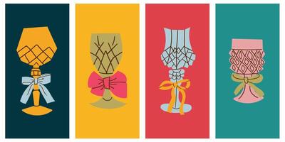 Set of festive glasses for alcoholic cocktails of different forms. Decorative elegant faceted glasses on legs with ribbons and bows. New Year's stickers of the holiday and fun. Container for drink . vector