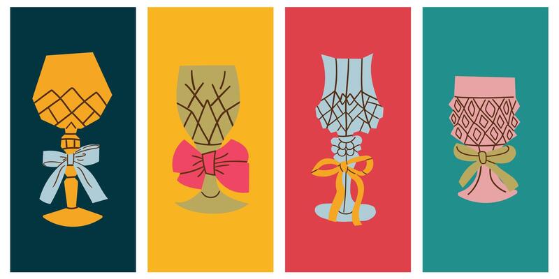 Set of festive glasses for alcoholic cocktails of different forms. Decorative elegant faceted glasses on legs with ribbons and bows. New Year's stickers of the holiday and fun. Container for drink .