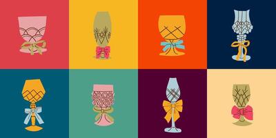 Festive glasses for alcoholic cocktails of different forms. Decorative elegant faceted glasses on legs with ribbons and bows. New Year's stickers of the holiday and fun. Container for drink . vector