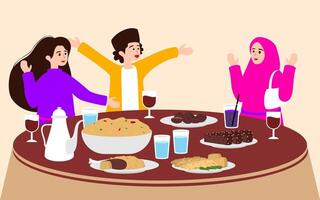Flat Ramadan Kareem Iftar Break Fasting with Family vector