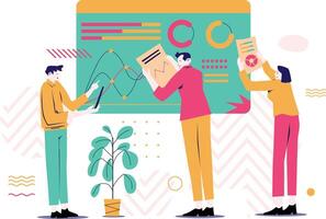 Business Data Analysis Chart with Three Worker Illustration vector