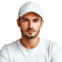 portrait of a man wearing a white t-shirt and cap png