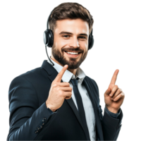 Man in Suit and Headset Pointing at Something png