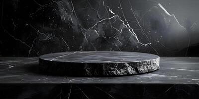 Black marble podium scene, geometric presentation platform mockup, stand to show cosmetic product showcase on pedestal display. Lights and shadows background, minimal presentation. photo