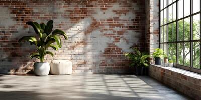 Empty room with lights and shadows from big window in loft style with copy space. Brick wall mockup background with wooden floor and home plants. photo