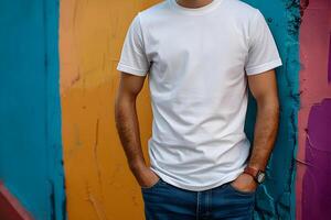 Young man wearing bella canvas white shirt mockup, at colorful background. Design tshirt template, print presentation mock-up. photo