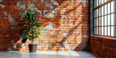 Empty room with lights and shadows from big window in loft style with copy space. Brick wall mockup background with wooden floor and home plants. photo